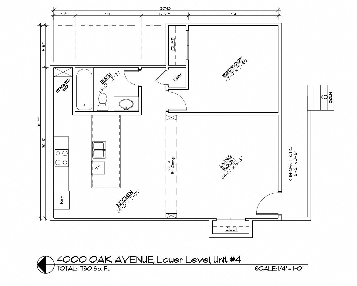 Floor plan for 1 bed, 1 bath, 730 sqft